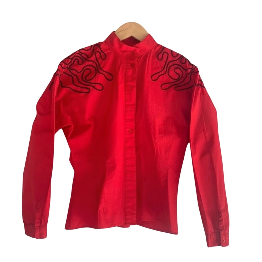 Vintage Pasta Red Embroidered Western Blouse Spanish Style Cotton Shirt M
